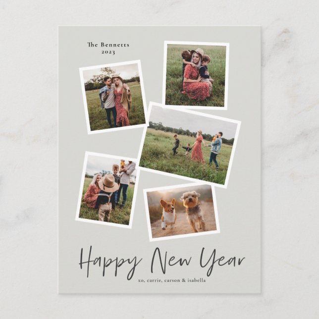 Simple Script New Year 5 Photo Collage Holiday Postcard (Front)