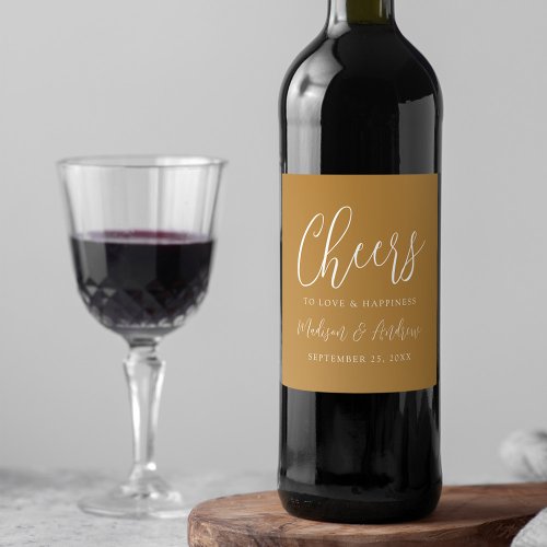Simple Script Ochre Cheers to Love Wedding Wine Label