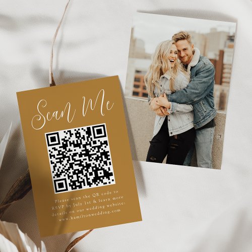 Simple Script Ochre Photo QR Code Wedding RSVP Enclosure Card