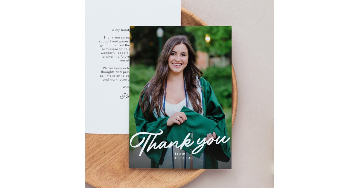 Thanks Fg Simple script one photo graduation thank you card | Zazzle