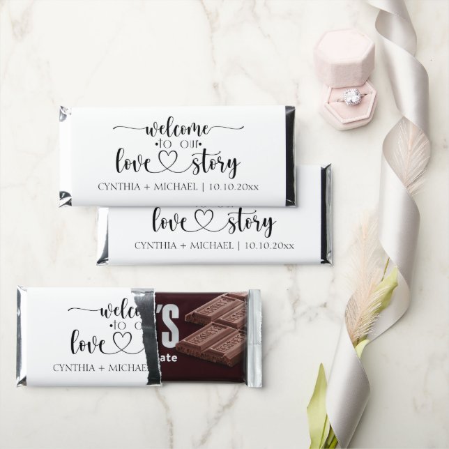 Simple Script 'our Love Story' Wedding  Hershey Bar Favors (Front)