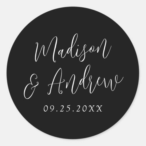 Simple Script Personalized Black and White Wedding Classic Round Sticker