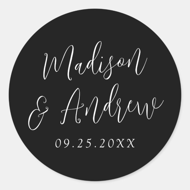 Simple Script Personalized Black and White Wedding Classic Round Sticker (Front)