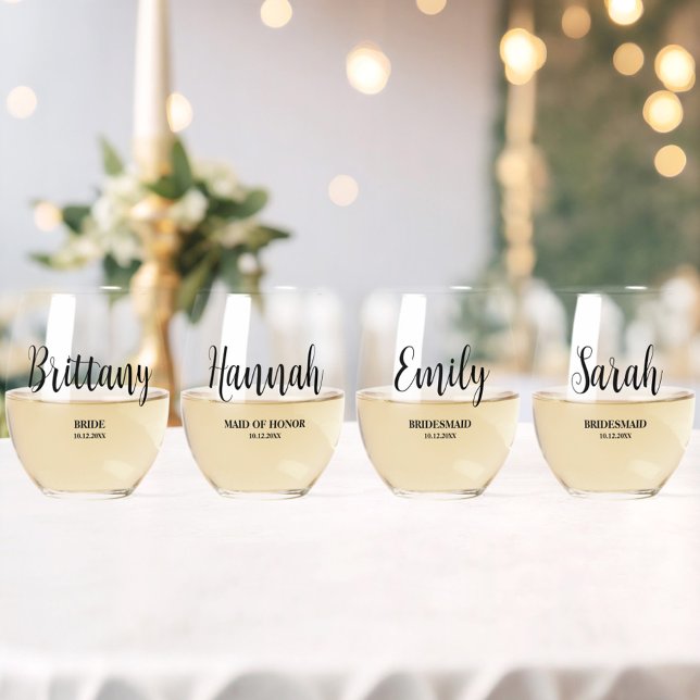 Simple Script Personalized Bridesmaid Bridal Party Stemless Wine Glass (Set of 4 Stemless Wine Glasses.  All text can be altered to fit your needs!)