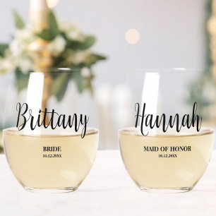 Simple Script Personalized Bridesmaid Bridal Party Stemless Wine Glass