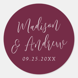 Simple Script Personalized Burgundy Wedding Classic Round Sticker