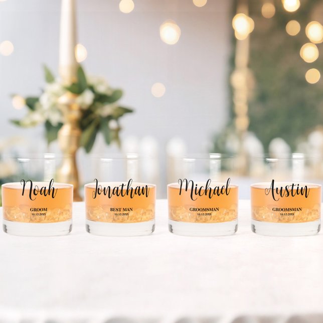 Simple Script Personalized Groomsmen Wedding Party Whiskey Glass (Set of 4 Whiskey Glasses. All text can be changed to fit your needs!)