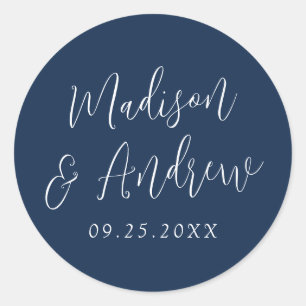 Simple Script Personalized Navy Wedding Classic Round Sticker