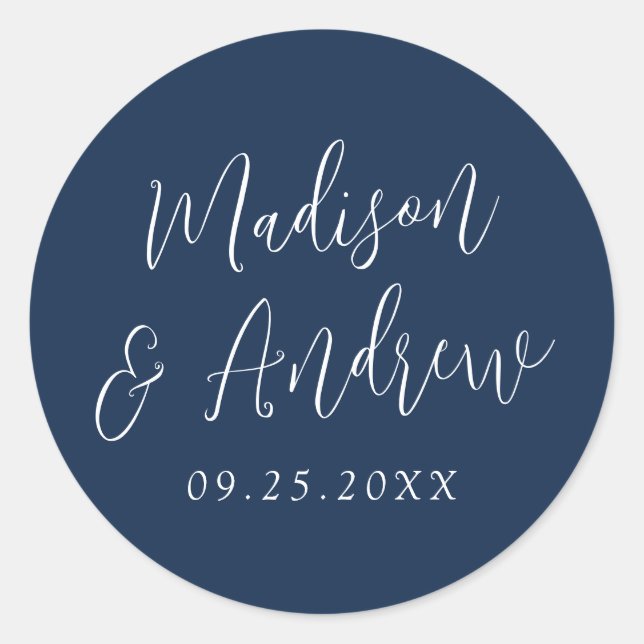 Simple Script Personalized Navy Wedding Classic Round Sticker (Front)