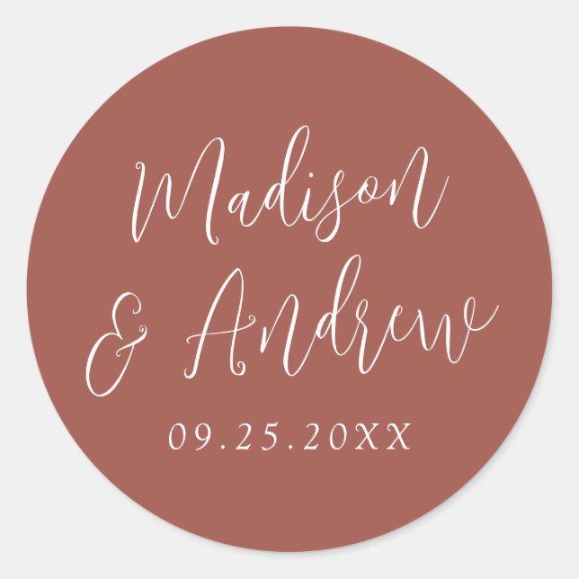 Simple Script Personalized Rust Wedding Classic Round Sticker (Front)