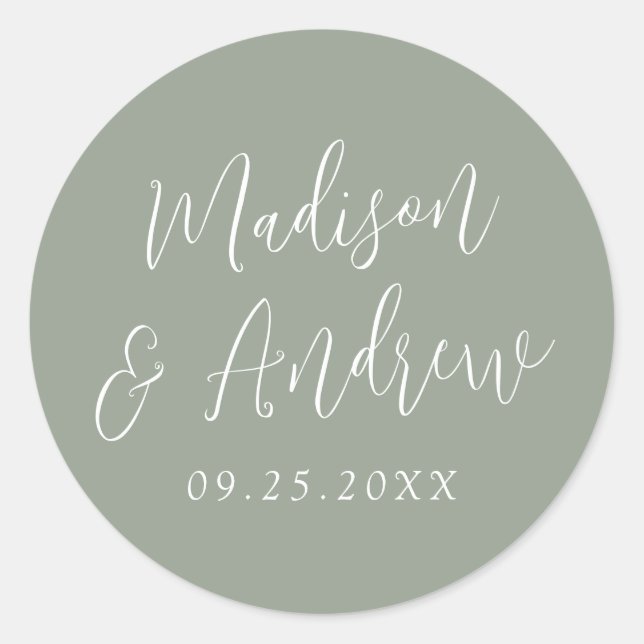 Simple Script Personalized Sage Green Wedding Classic Round Sticker (Front)