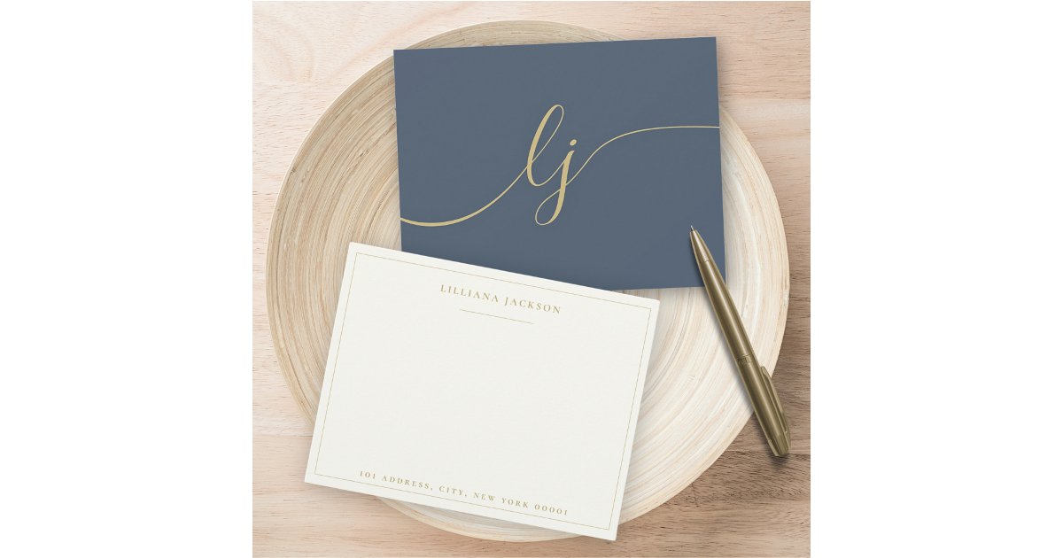 Simple Script Personalized Stationery Navy & Gold Note Card | Zazzle