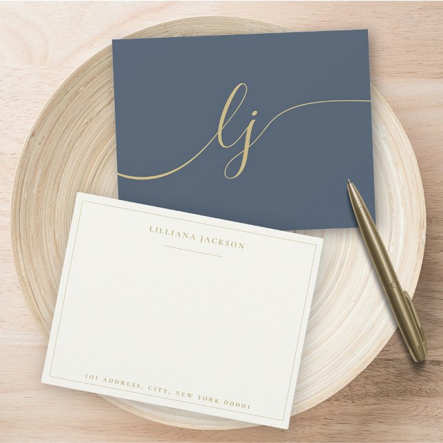 Simple Script Personalized Stationery Navy & Gold Note Card (Creator Uploaded)