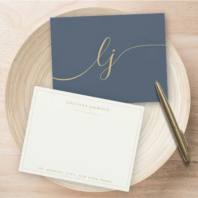 Simple Script Personalized Stationery Navy & Gold Note Card | Zazzle
