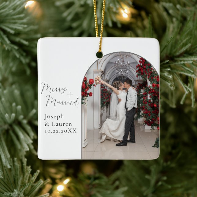 Simple Script Photo Christmas Merry Married Ceramic Ornament (Tree)