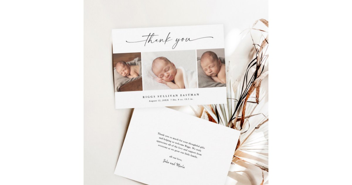 Simple Script Photo Collage Baby Thank You Card | Zazzle