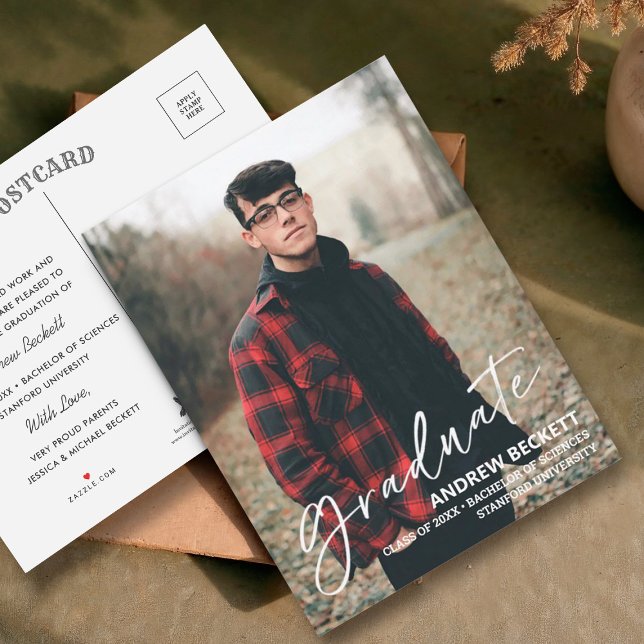 Simple Script Photo Graduation Announcement Postcard (Creator Uploaded)