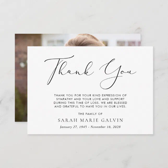 Simple Script Photo Sympathy Funeral Thank You Card | Zazzle