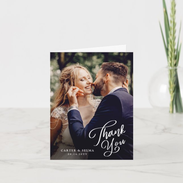 Simple Script Photo Wedding  Letterpress Thank You Card (Front)