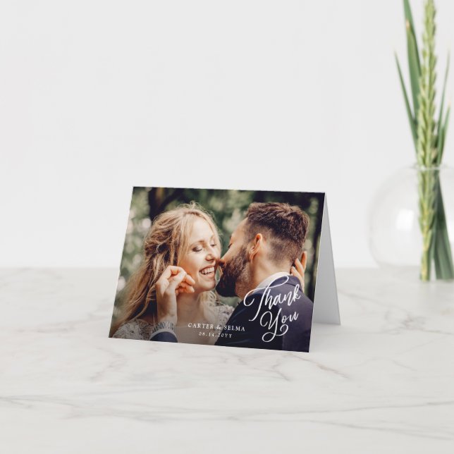 Simple Script Photo Wedding Letterpress Thank You Card (Front)
