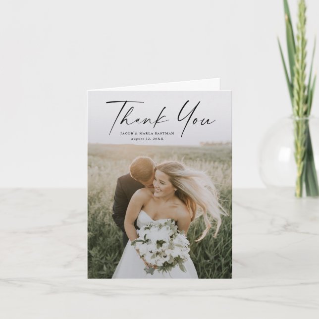 Simple Script Photo Wedding Letterpress Thank You Card (Front)