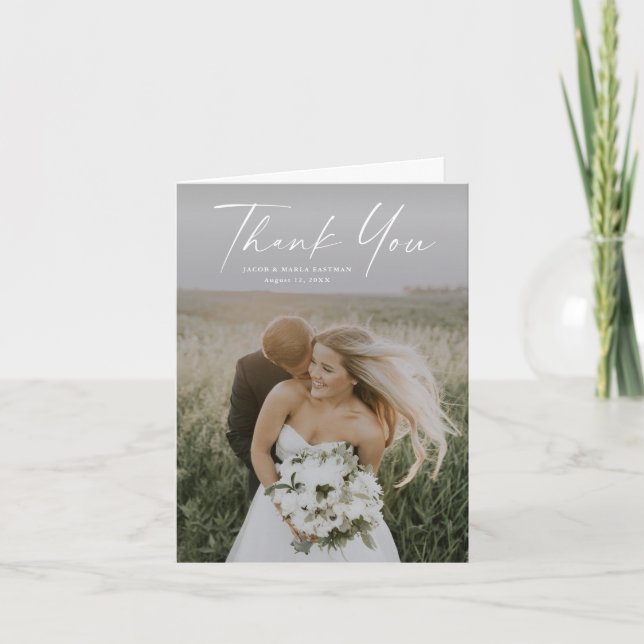 Simple Script Photo Wedding Letterpress Thank You Card (Front)