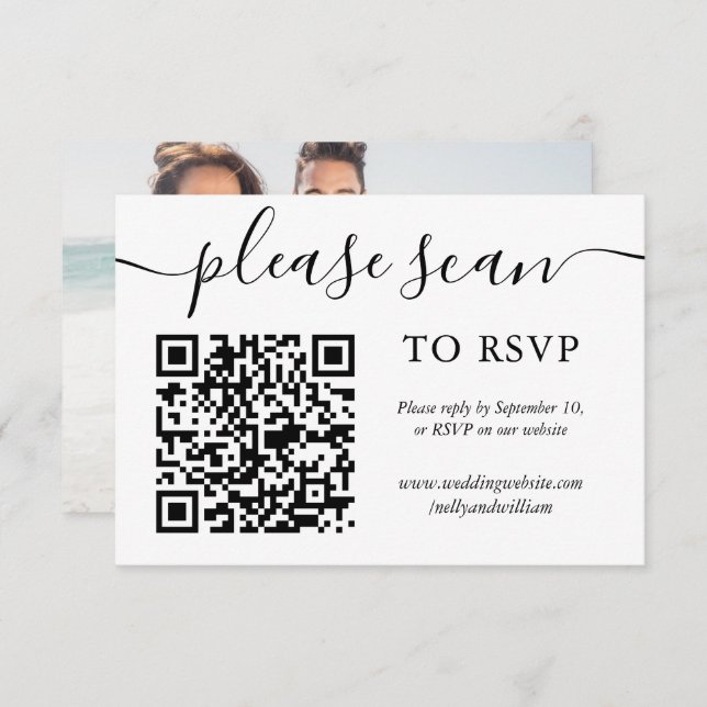 Simple Script Photo Wedding RSVP QR Code Cards (Front/Back)