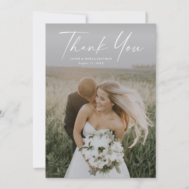 Simple Script Photo Wedding Thank You Card (Front)