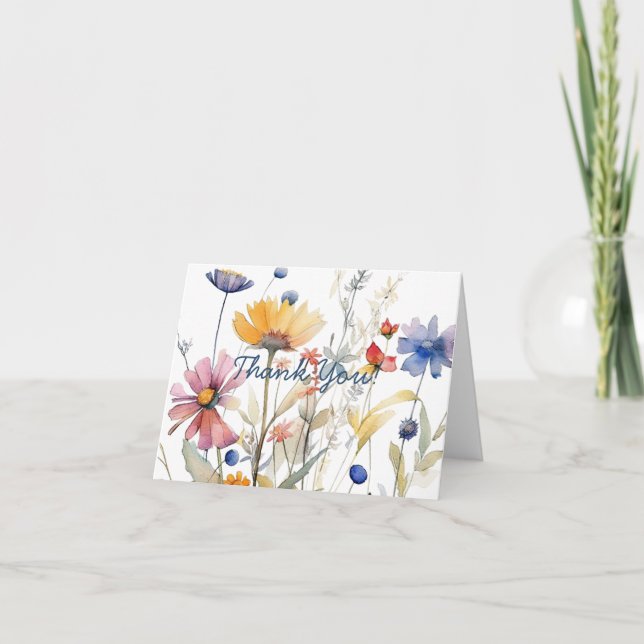 Simple Script Pretty Boho Wildflowers Letterpress Thank You Card (Front)