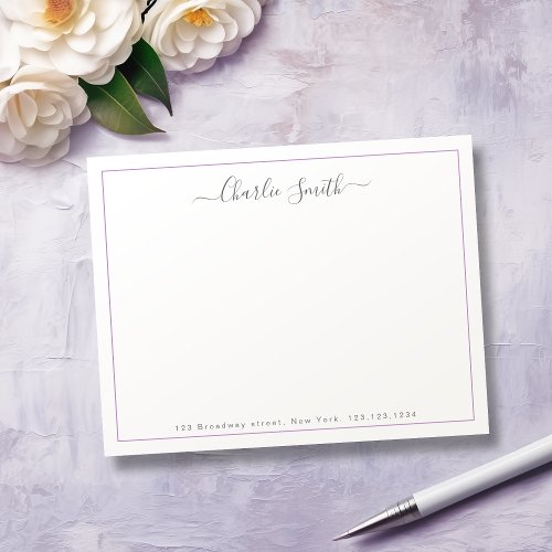 Simple script purple border personalized note card
