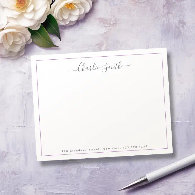 Simple script purple border personalized note card | Zazzle