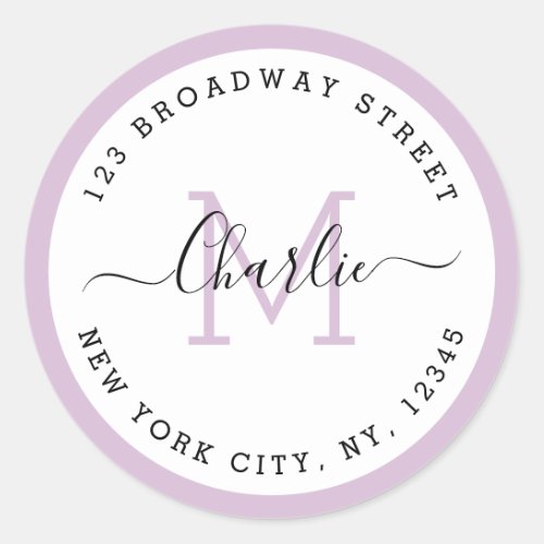 Simple script purple monogram return address classic round sticker