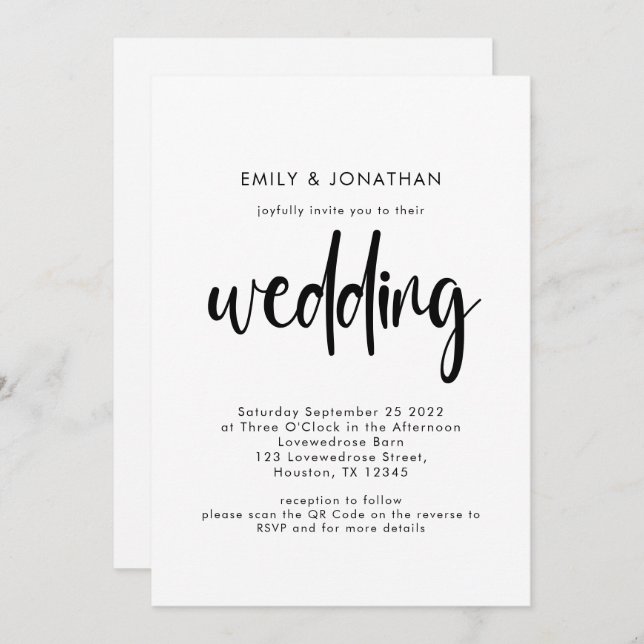 Simple Script QR Code Black White Wedding Invitation (Front/Back)