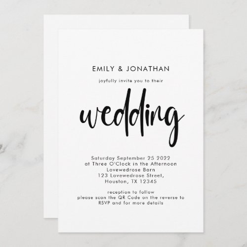 Simple Script QR Code Black White Wedding Invitation