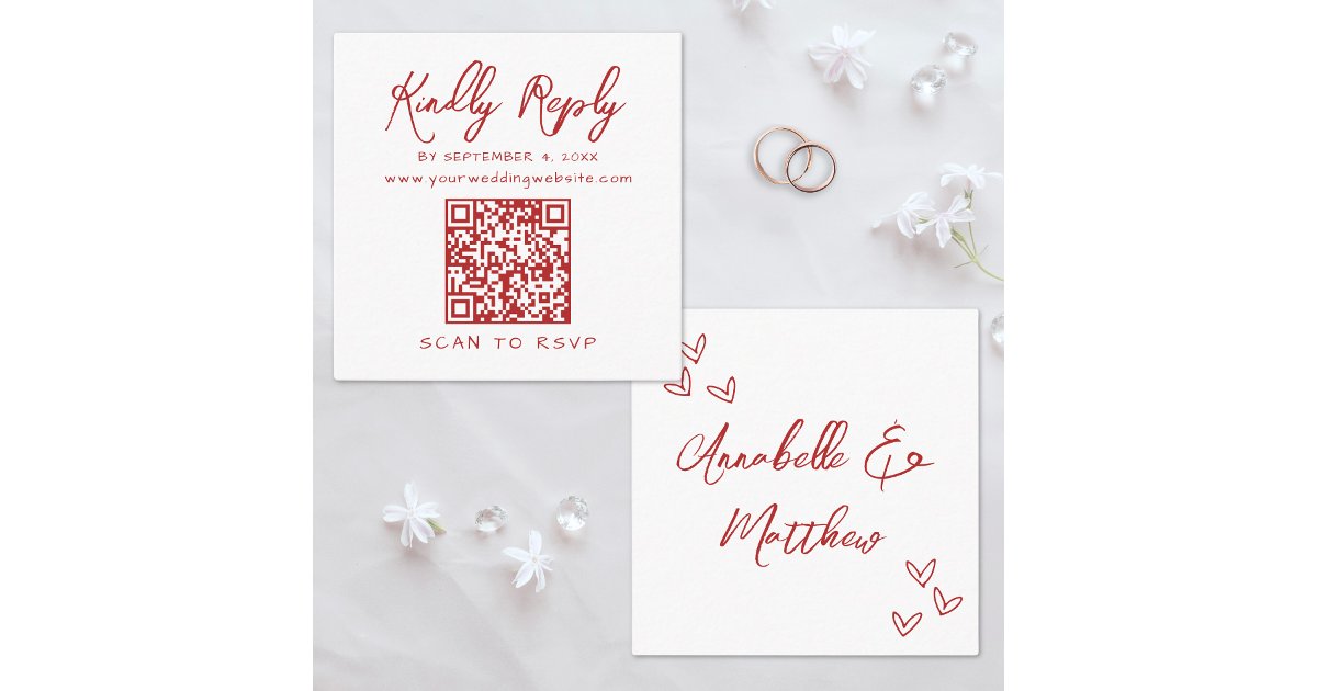 Answer Booklet Script Qr Code Photo Simple Script QR Code Red Wedding Reply Enclosure Card | Zazzle