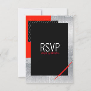 Simple script Red, black, gray  white stripes RSVP Card