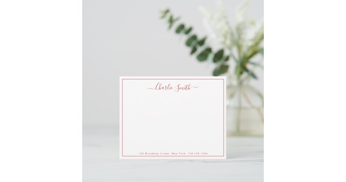 Simple script red border personalized stationery note card | Zazzle