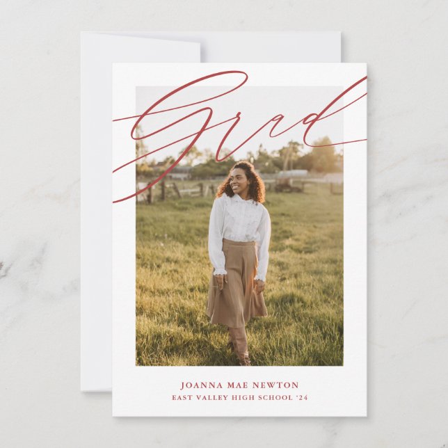 Simple Script Red Photo Graduation Announcement (Front)
