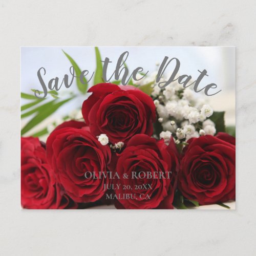 Simple script  red roses Save the Date Postcard