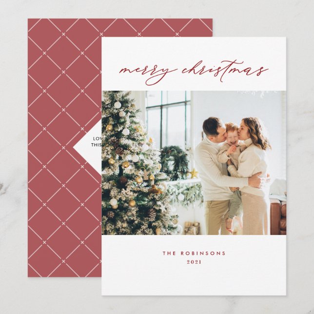 Simple Script Red White Merry Christmas Photo Holiday Card (Front/Back)