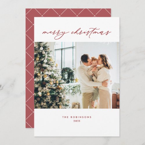 Simple Script Red White Merry Christmas Photo Holiday Card
