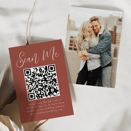 Simple Script Rust Photo QR Code Wedding RSVP Enclosure Card