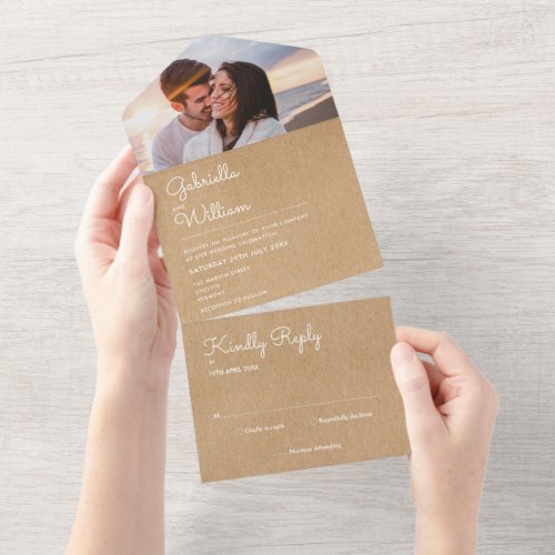 Simple Script Rustic Kraft Monogram Photo Wedding All In One Invitation