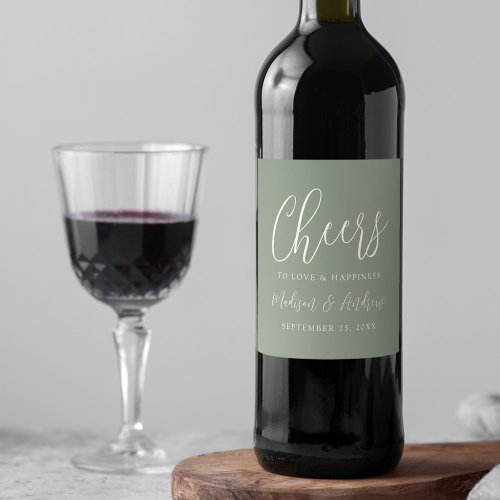 Simple Script Sage Green Cheers to Love Wedding Wine Label