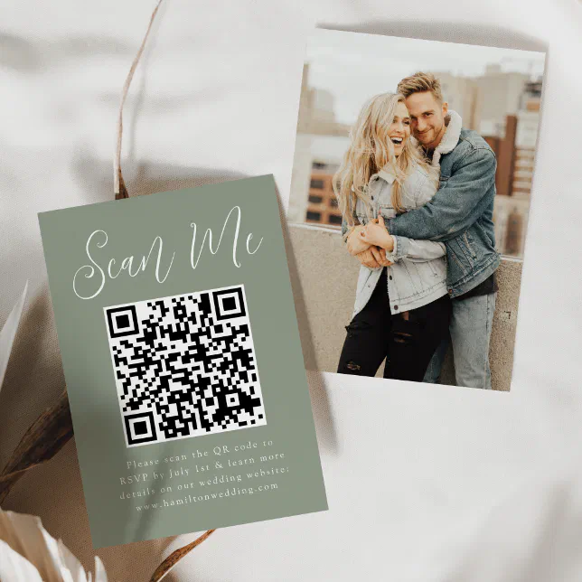 Simple Script Sage Green Qr Code Wedding Rsvp Enclosure Card Zazzle