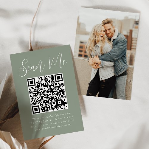 Simple Script Sage Green QR Code Wedding RSVP Enclosure Card