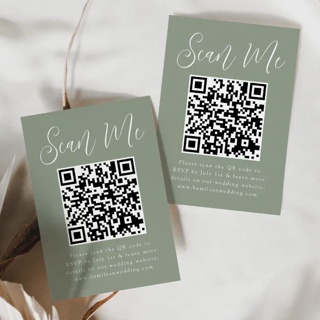 Simple Script Sage Green QR Code Wedding RSVP Enclosure Card | Zazzle