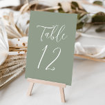 Simple Script Sage Green Wedding Table Number<br><div class="desc">Elegant wedding table numbers featuring the table number displayed in a simple white script with a sage green background. The text and background colors can be changed to your wedding colors using the editing tools. To order these table cards, individually edit the card with the number and add it to...</div>