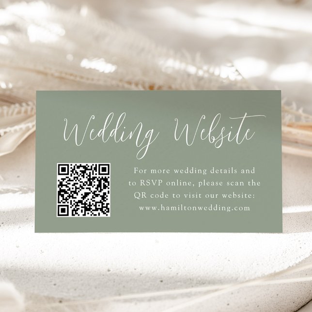 Simple Script Sage Green Wedding Website QR Code Enclosure Card (Creator Uploaded)