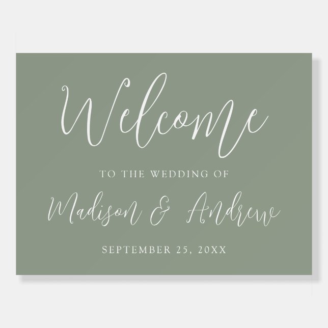Simple Script Sage Green Wedding Welcome Foam Board (Front)